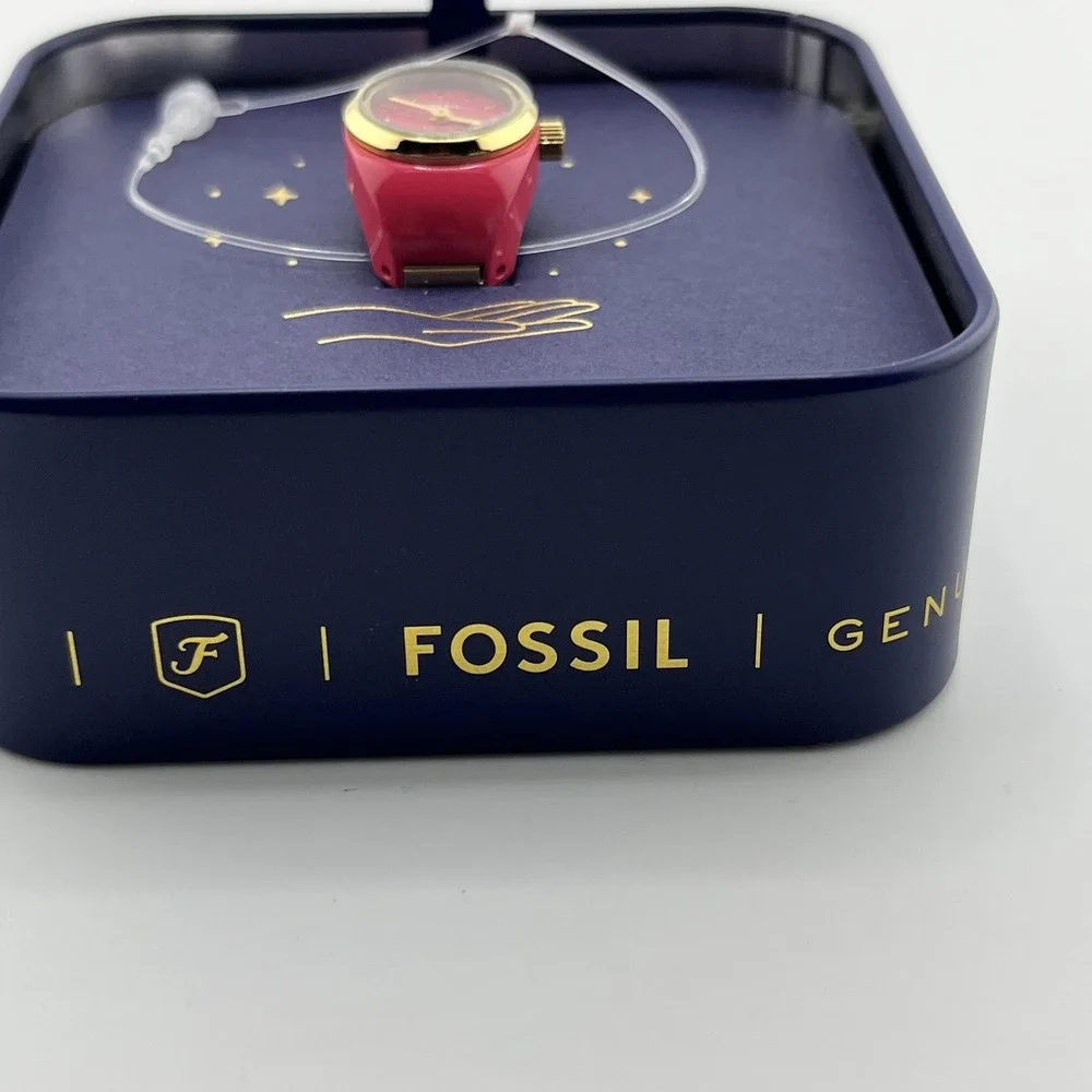 Fossil ES5414 Womens Finger Watch Gold Tone Pink Dial Quartz‎ New w/ Tin Box